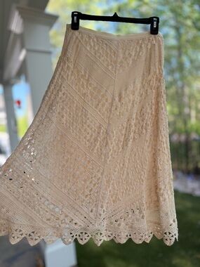Vtg Y2K Crochet Knit Midi Skirt Wms Lg Cream Boho Fairy Cottagecore EUC
